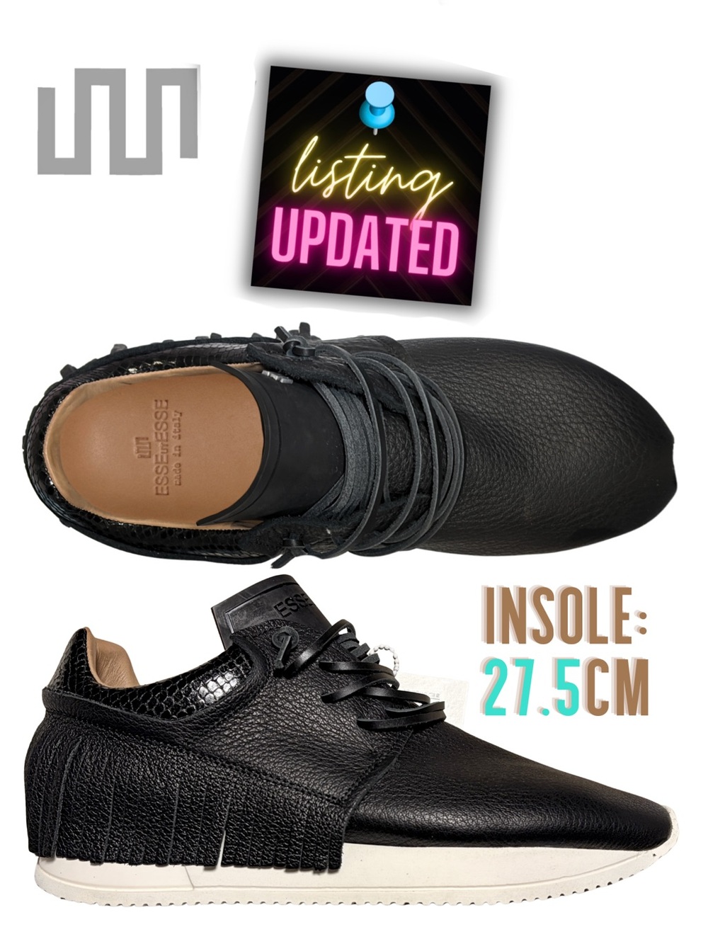 ESSEutESSE new Black Fringe Embossed Snakeskin Leather Lace Sneakers + Box